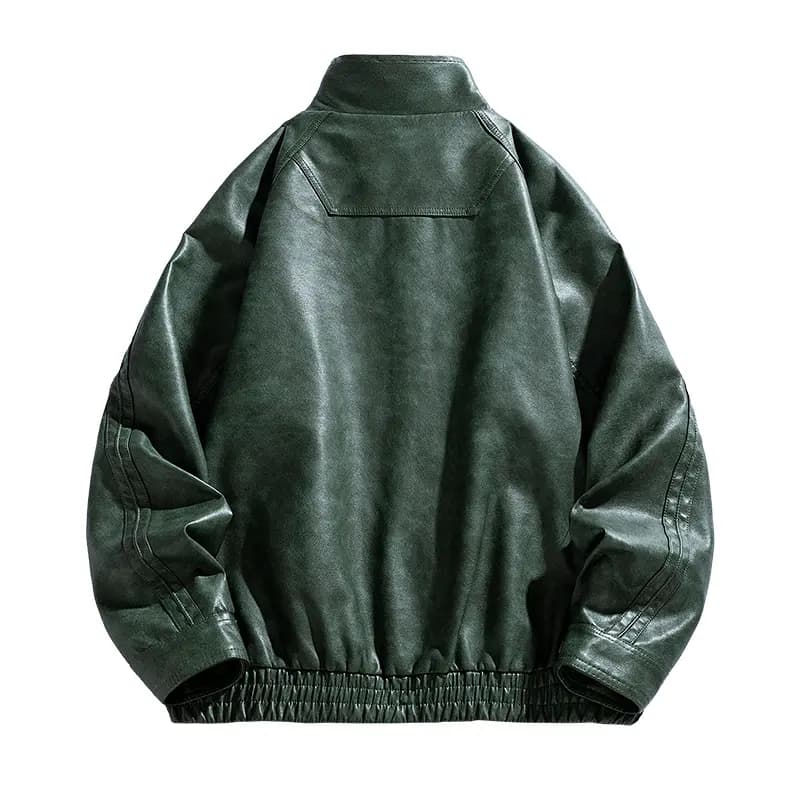 Jeep American Retro Solid Color Biker Style Maillard Loose Casual Stand Collar Leather Jacket Unisex 4