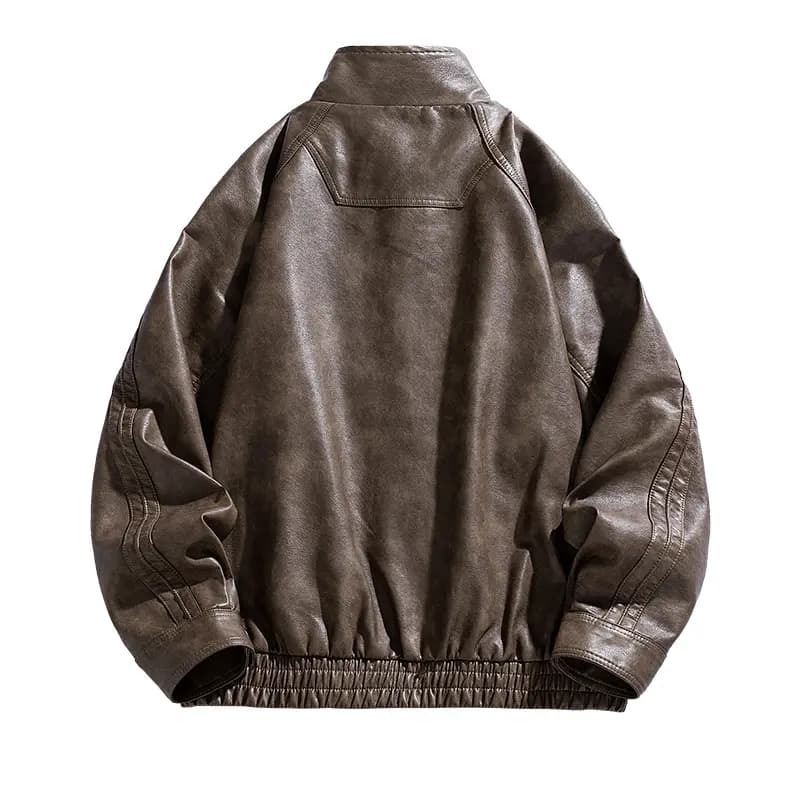 Jeep American Retro Solid Color Biker Style Maillard Loose Casual Stand Collar Leather Jacket Unisex 6