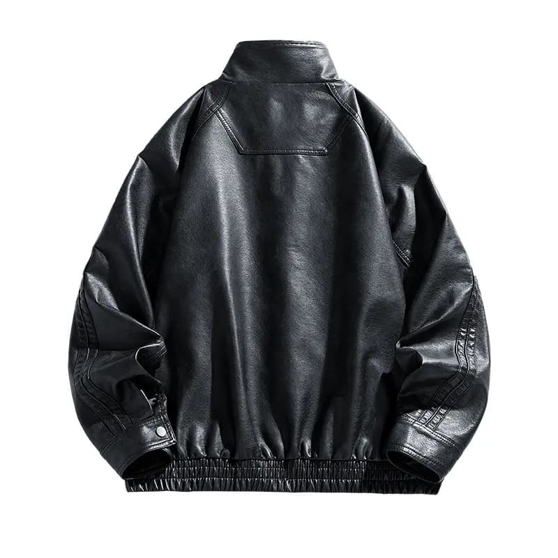 Jeep American Retro Solid Color Biker Style Maillard Loose Casual Stand Collar Leather Jacket Unisex 2