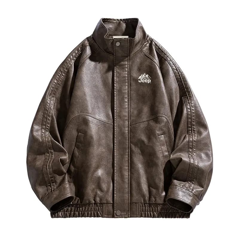 Jeep American Retro Solid Color Biker Style Maillard Loose Casual Stand Collar Leather Jacket Unisex 5