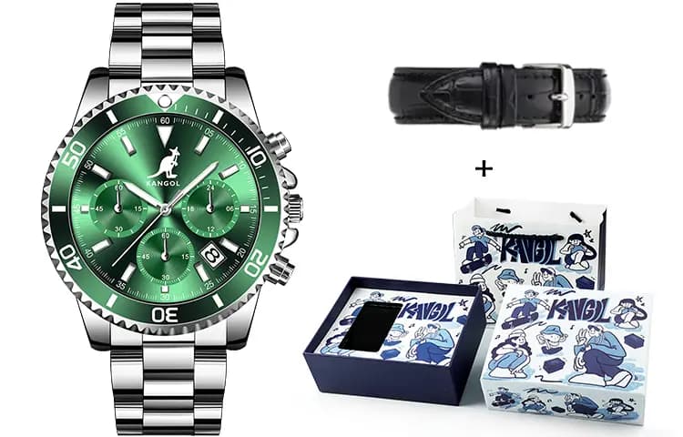 KANGOL Green Water God Three-Eye Six-Pin Multifunctional Classic Simple Waterproof Luminous Quartz Movement Steel Strap Watch Men's Green Dial Student Sports Watch KANGOL-New K825 15