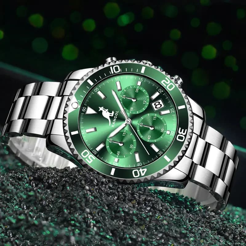 KANGOL Green Water God Three-Eye Six-Pin Multifunctional Classic Simple Waterproof Luminous Quartz Movement Steel Strap Watch Men's Green Dial Student Sports Watch KANGOL-New K825 18