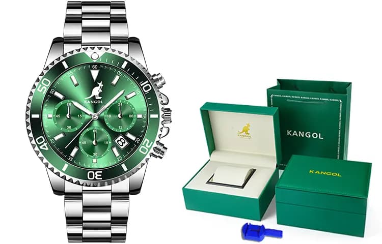 KANGOL Green Water God Three-Eye Six-Pin Multifunctional Classic Simple Waterproof Luminous Quartz Movement Steel Strap Watch Men's Green Dial Student Sports Watch KANGOL-New K825 28