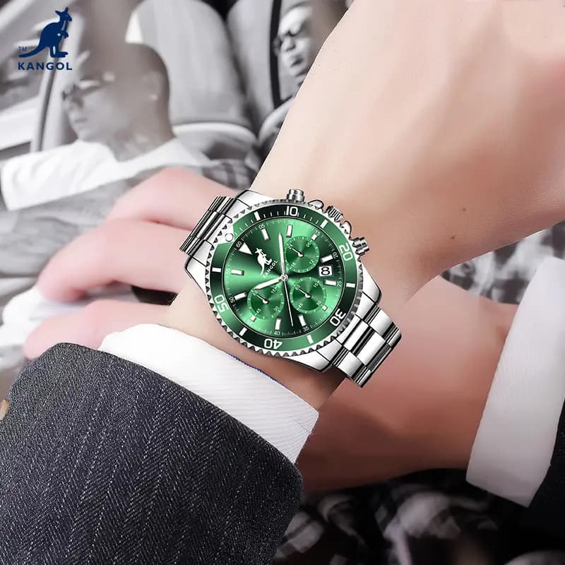 KANGOL Green Water God Three-Eye Six-Pin Multifunctional Classic Simple Waterproof Luminous Quartz Movement Steel Strap Watch Men's Green Dial Student Sports Watch KANGOL-New K825 35