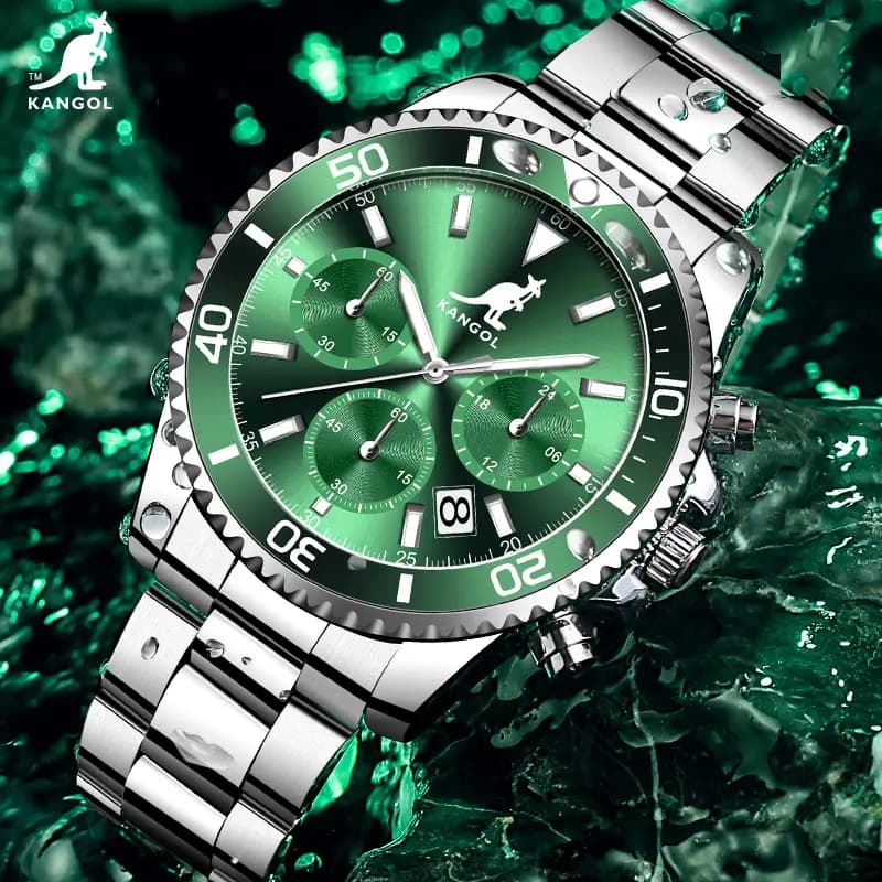KANGOL Green Water God Three-Eye Six-Pin Multifunctional Classic Simple Waterproof Luminous Quartz Movement Steel Strap Watch Men's Green Dial Student Sports Watch KANGOL-New K825 6
