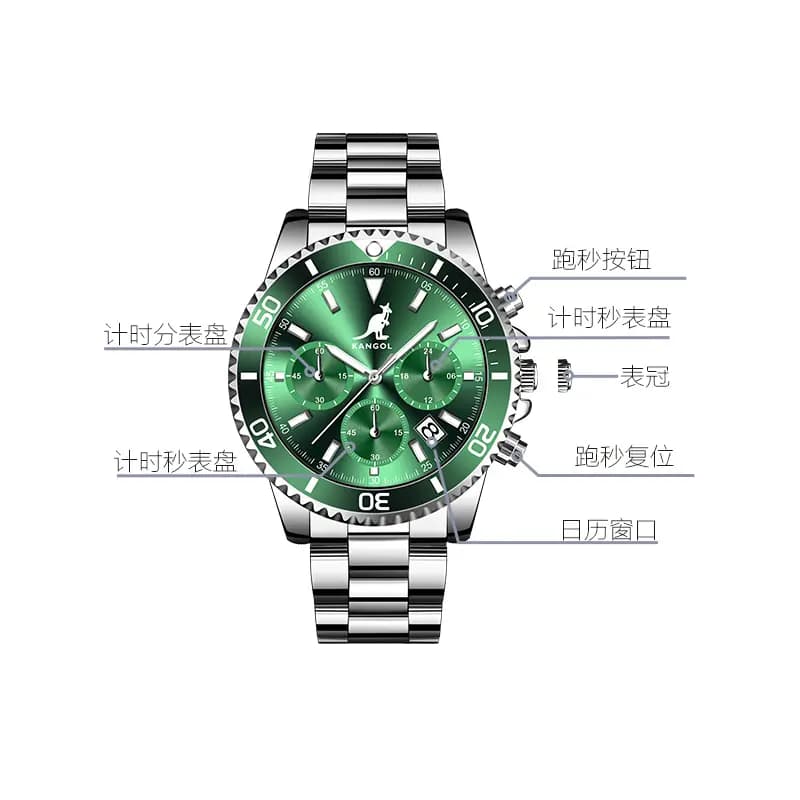 KANGOL Green Water God Three-Eye Six-Pin Multifunctional Classic Simple Waterproof Luminous Quartz Movement Steel Strap Watch Men's Green Dial Student Sports Watch KANGOL-New K825 2