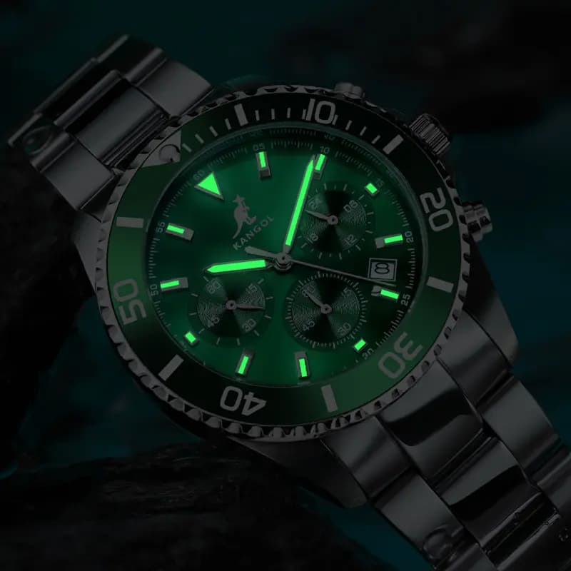 KANGOL Green Water God Three-Eye Six-Pin Multifunctional Classic Simple Waterproof Luminous Quartz Movement Steel Strap Watch Men's Green Dial Student Sports Watch KANGOL-New K825 40