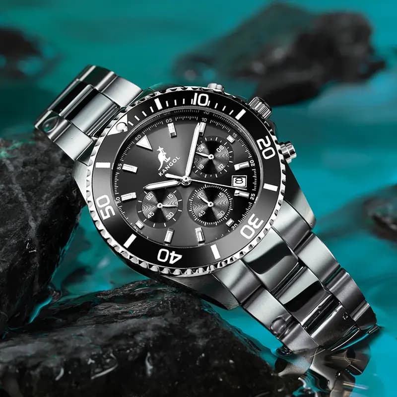 KANGOL Green Water God Three-Eye Six-Pin Multifunctional Classic Simple Waterproof Luminous Quartz Movement Steel Strap Watch Men's Green Dial Student Sports Watch KANGOL-New K825 26