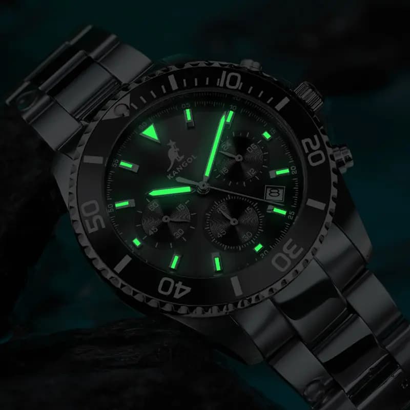 KANGOL Green Water God Three-Eye Six-Pin Multifunctional Classic Simple Waterproof Luminous Quartz Movement Steel Strap Watch Men's Green Dial Student Sports Watch KANGOL-New K825 46