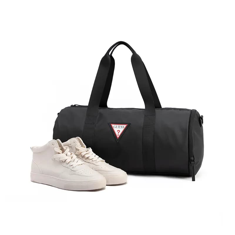 GUESS 22L Fashion Sports Bag Water-Resistant Bucket Gym Bag Separate Shoe Compartment Large Capacity Crossbody Bag Polyester Travel Tote Unisex Black 6