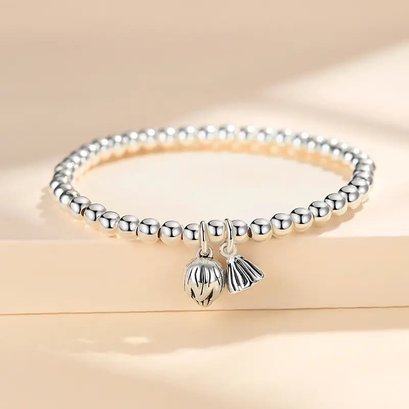 WINY Everything Goes Well Series Good Meaning Luck Round Bead Chain Minimalist Style Lotus Pod Flower Pendant 999 Sterling Silver Bracelet Women's Silver 11