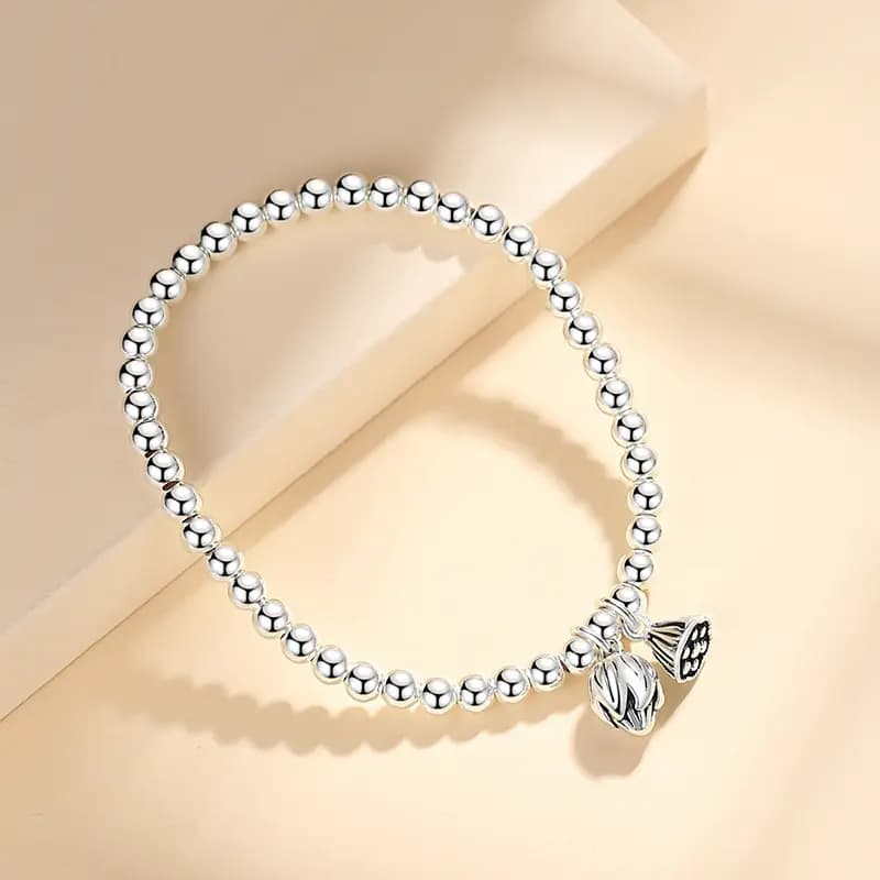 WINY Everything Goes Well Series Good Meaning Luck Round Bead Chain Minimalist Style Lotus Pod Flower Pendant 999 Sterling Silver Bracelet Women's Silver 18