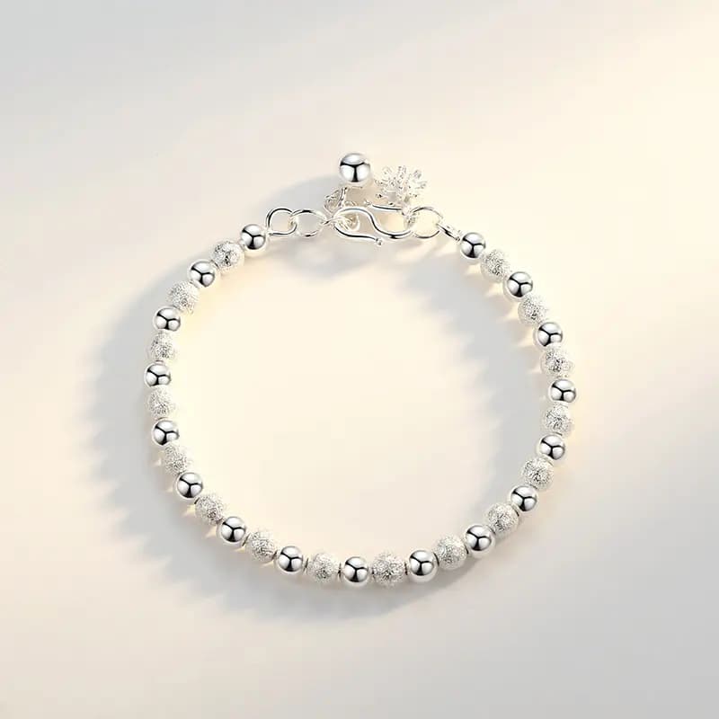 WINY Everything Goes Well Series Good Meaning Luck Round Bead Chain Minimalist Style Lotus Pod Flower Pendant 999 Sterling Silver Bracelet Women's Silver 3