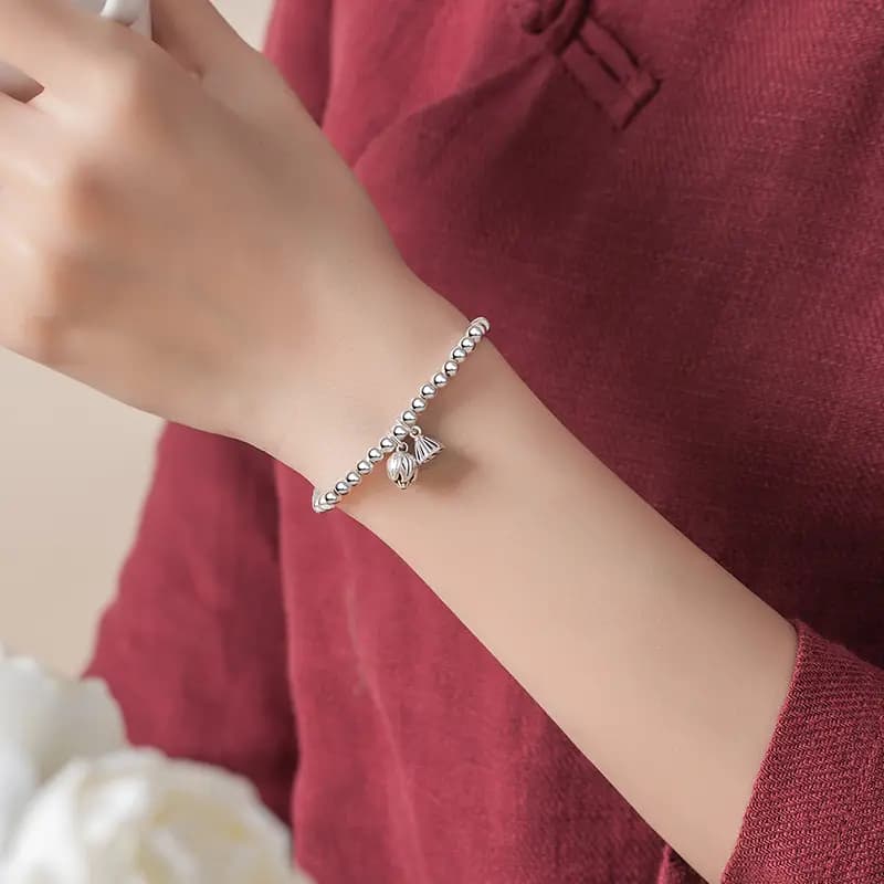 WINY Everything Goes Well Series Good Meaning Luck Round Bead Chain Minimalist Style Lotus Pod Flower Pendant 999 Sterling Silver Bracelet Women's Silver 10