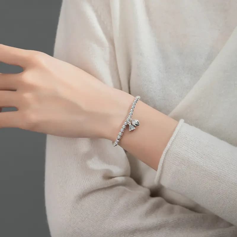 WINY Everything Goes Well Series Good Meaning Luck Round Bead Chain Minimalist Style Lotus Pod Flower Pendant 999 Sterling Silver Bracelet Women's Silver 13