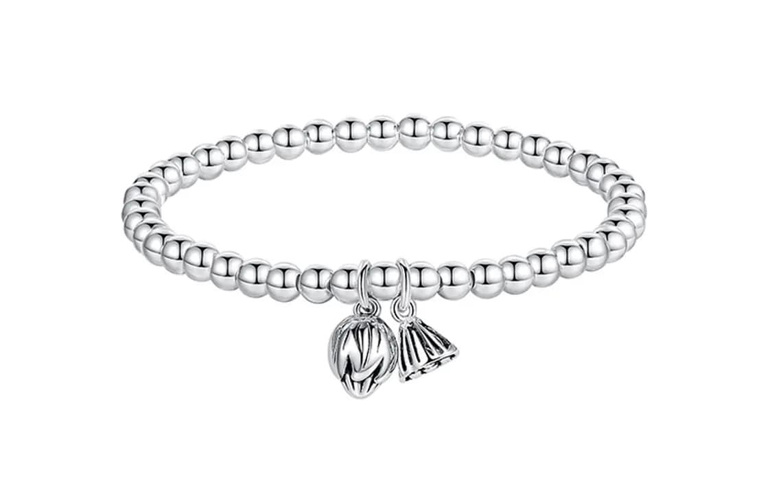 WINY Everything Goes Well Series Good Meaning Luck Round Bead Chain Minimalist Style Lotus Pod Flower Pendant 999 Sterling Silver Bracelet Women's Silver 8