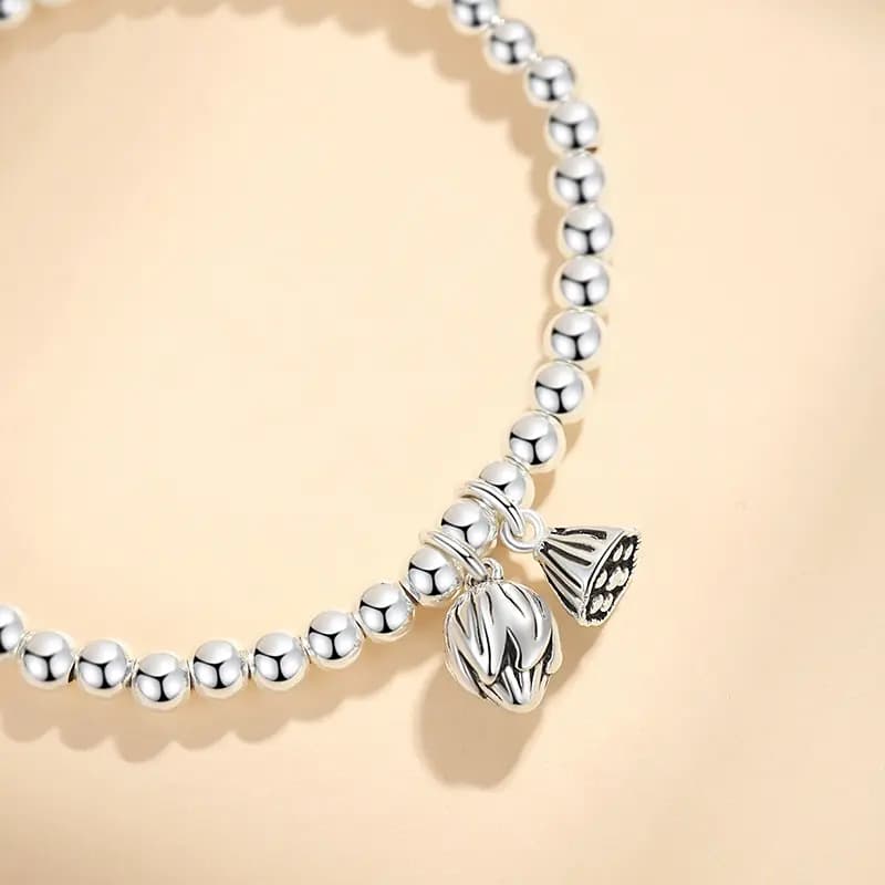 WINY Everything Goes Well Series Good Meaning Luck Round Bead Chain Minimalist Style Lotus Pod Flower Pendant 999 Sterling Silver Bracelet Women's Silver 17
