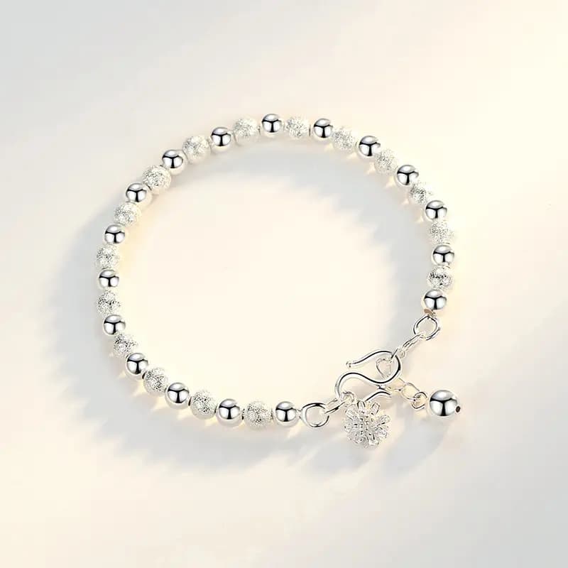 WINY Everything Goes Well Series Good Meaning Luck Round Bead Chain Minimalist Style Lotus Pod Flower Pendant 999 Sterling Silver Bracelet Women's Silver 7