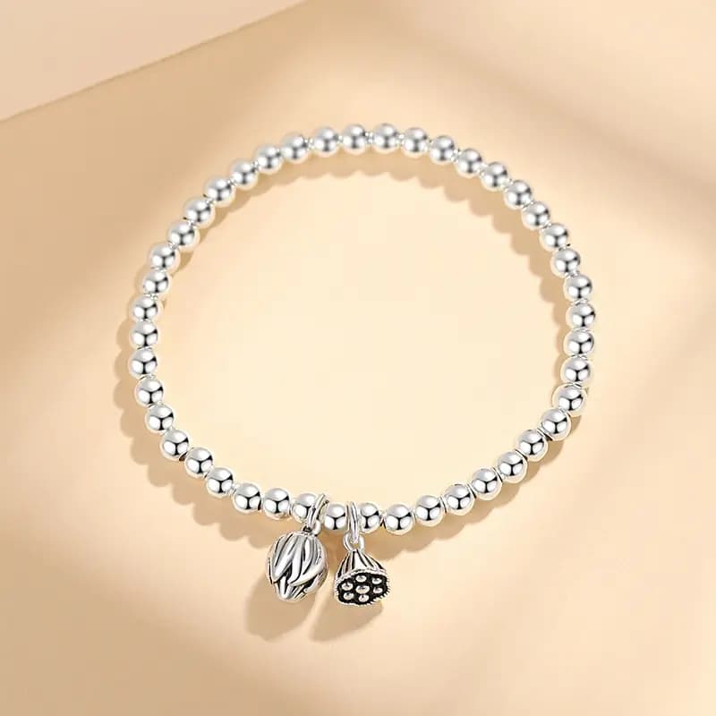 WINY Everything Goes Well Series Good Meaning Luck Round Bead Chain Minimalist Style Lotus Pod Flower Pendant 999 Sterling Silver Bracelet Women's Silver 9