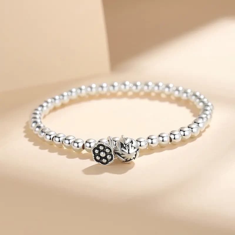 WINY Everything Goes Well Series Good Meaning Luck Round Bead Chain Minimalist Style Lotus Pod Flower Pendant 999 Sterling Silver Bracelet Women's Silver 16