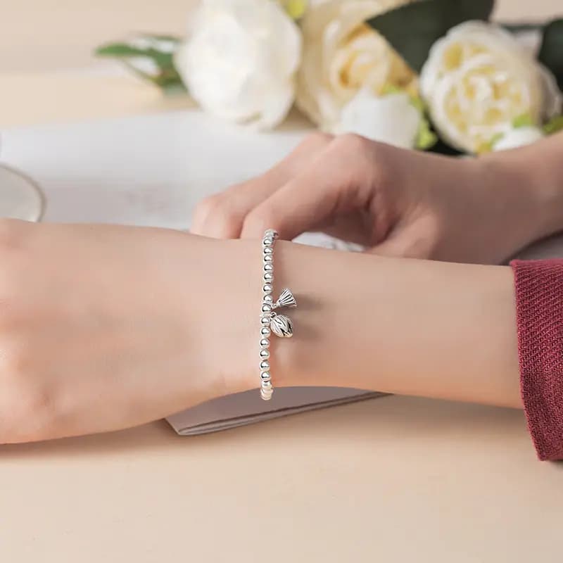 WINY Everything Goes Well Series Good Meaning Luck Round Bead Chain Minimalist Style Lotus Pod Flower Pendant 999 Sterling Silver Bracelet Women's Silver 12