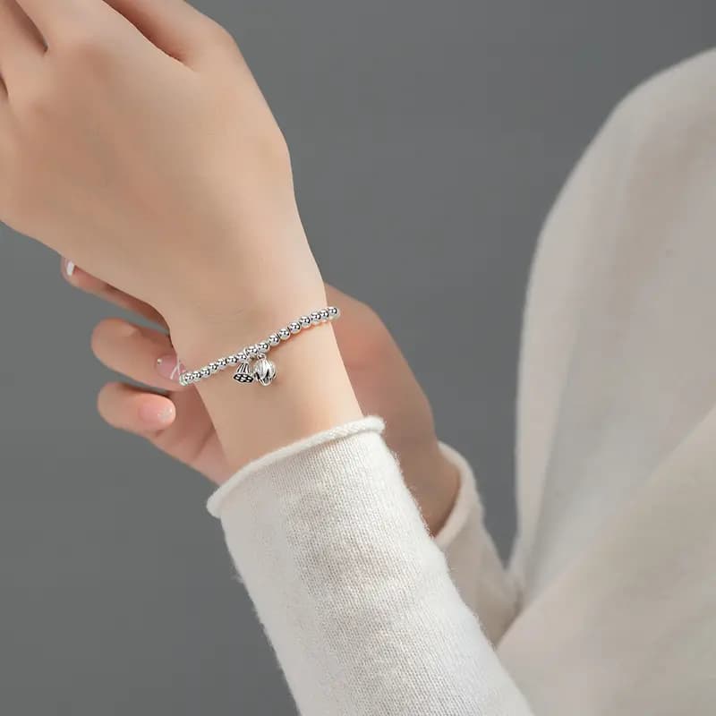 WINY Everything Goes Well Series Good Meaning Luck Round Bead Chain Minimalist Style Lotus Pod Flower Pendant 999 Sterling Silver Bracelet Women's Silver 15