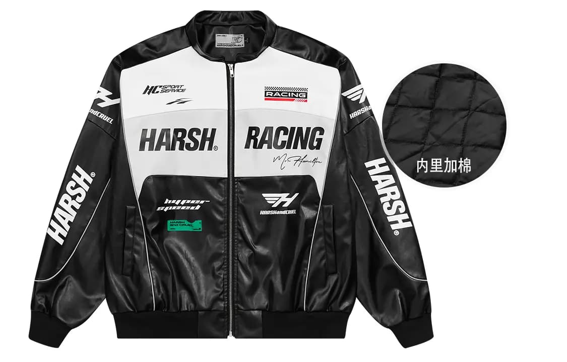 HARSH AND CRUEL American Retro Motorcycle Stand Collar HC Racing Suit Leather Loose Jacket Unisex 14