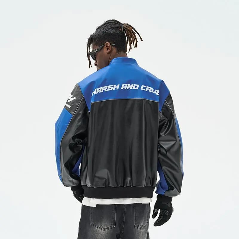 HARSH AND CRUEL American Retro Motorcycle Stand Collar HC Racing Suit Leather Loose Jacket Unisex 25