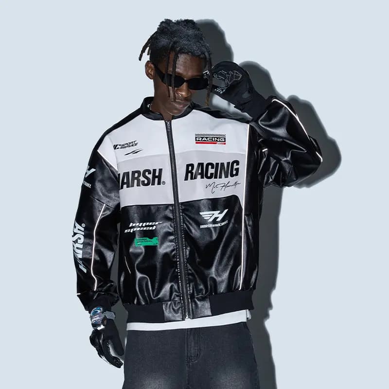 HARSH AND CRUEL American Retro Motorcycle Stand Collar HC Racing Suit Leather Loose Jacket Unisex 7