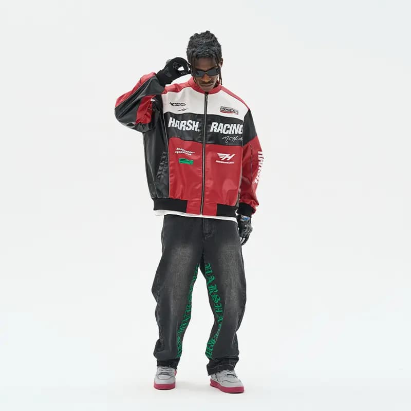 HARSH AND CRUEL American Retro Motorcycle Stand Collar HC Racing Suit Leather Loose Jacket Unisex 13