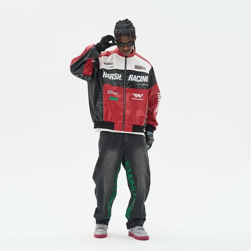 HARSH AND CRUEL American Retro Motorcycle Stand Collar HC Racing Suit Leather Loose Jacket Unisex 22