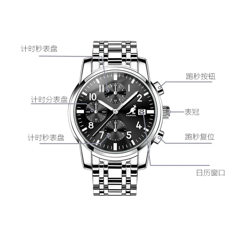 KANGOL Multifunction Three Eye Six Needle Quartz Movement Stainless Steel Watchband Watch Men's Watches Black Dial 2