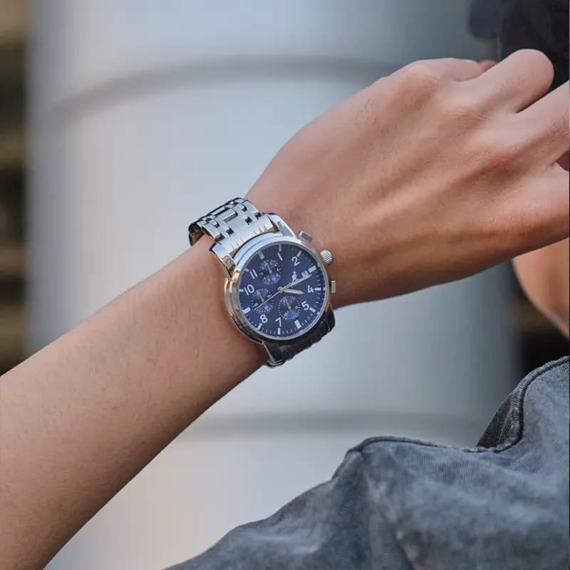 KANGOL Multifunction Three Eye Six Needle Quartz Movement Stainless Steel Watchband Watch Men's Watches Black Dial 11