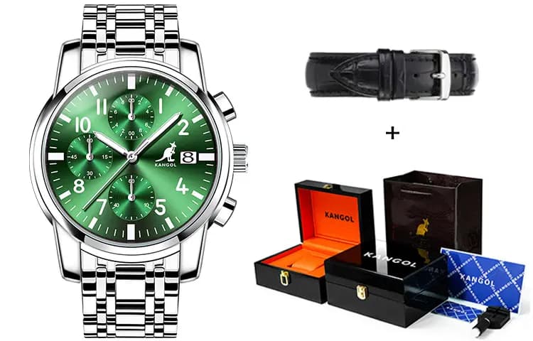 KANGOL Multifunction Three Eye Six Needle Quartz Movement Stainless Steel Watchband Watch Men's Watches Black Dial 44