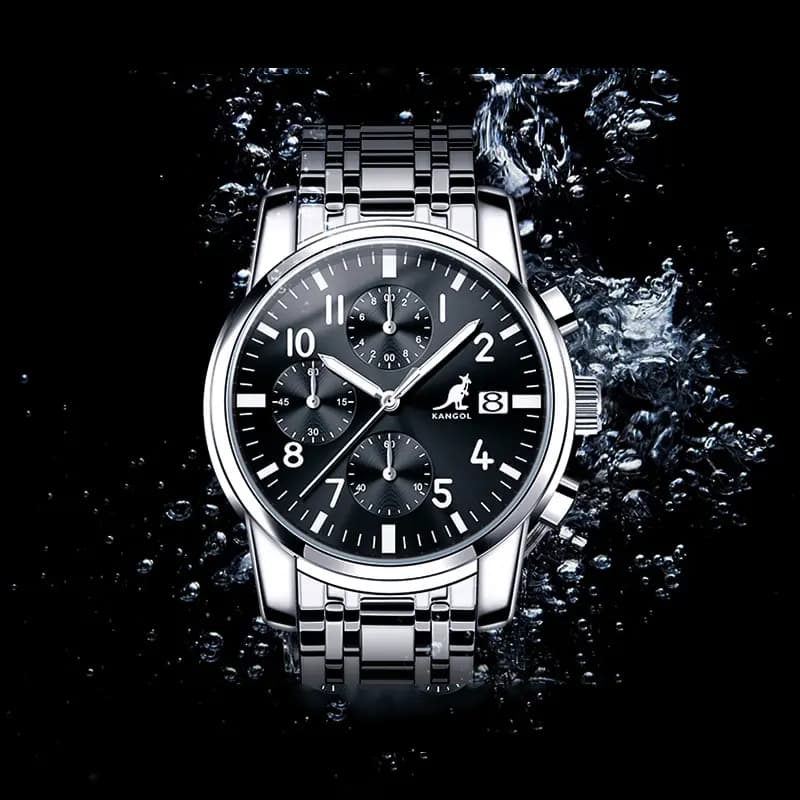 KANGOL Multifunction Three Eye Six Needle Quartz Movement Stainless Steel Watchband Watch Men's Watches Black Dial 31
