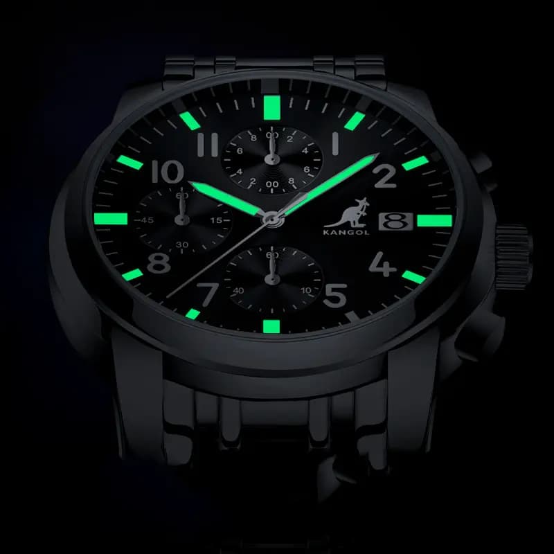 KANGOL Multifunction Three Eye Six Needle Quartz Movement Stainless Steel Watchband Watch Men's Watches Black Dial 48