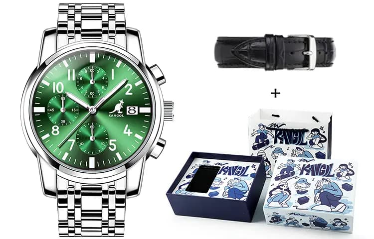KANGOL Multifunction Three Eye Six Needle Quartz Movement Stainless Steel Watchband Watch Men's Watches Black Dial 15
