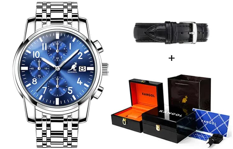 KANGOL Multifunction Three Eye Six Needle Quartz Movement Stainless Steel Watchband Watch Men's Watches Black Dial 39