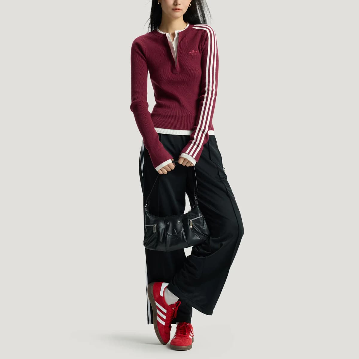 adidas originals Premium 3S BUTTON Slim Fit Striped Long Sleeve Cashmere Sweater Women's 3