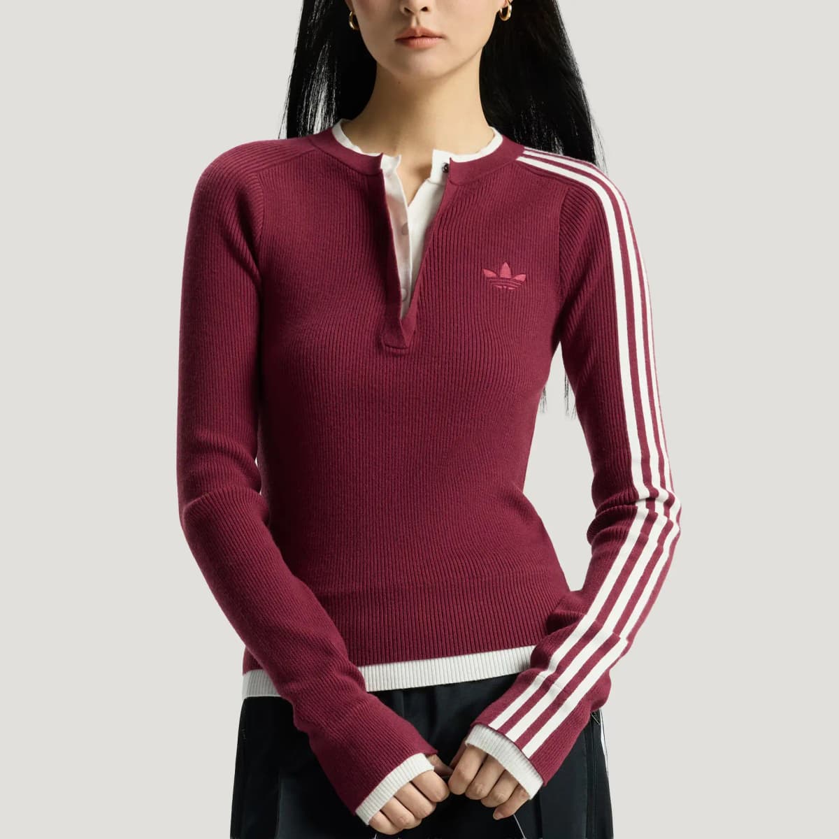 adidas originals Premium 3S BUTTON Slim Fit Striped Long Sleeve Cashmere Sweater Women's 4