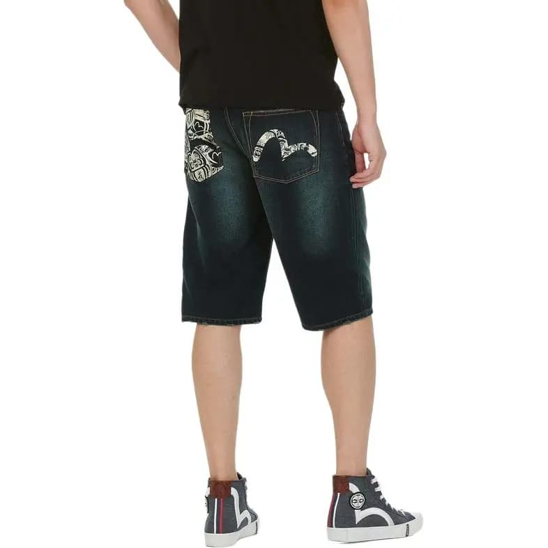 EVISU SS22 Seagull Print Denim Kişi Şortu Mavi 4