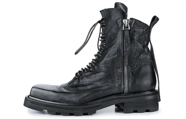 HUANXIANGZHE Cow Leather High-Top Square Toe Genuine Leather Zip Closure Martin Boots Unisex Black