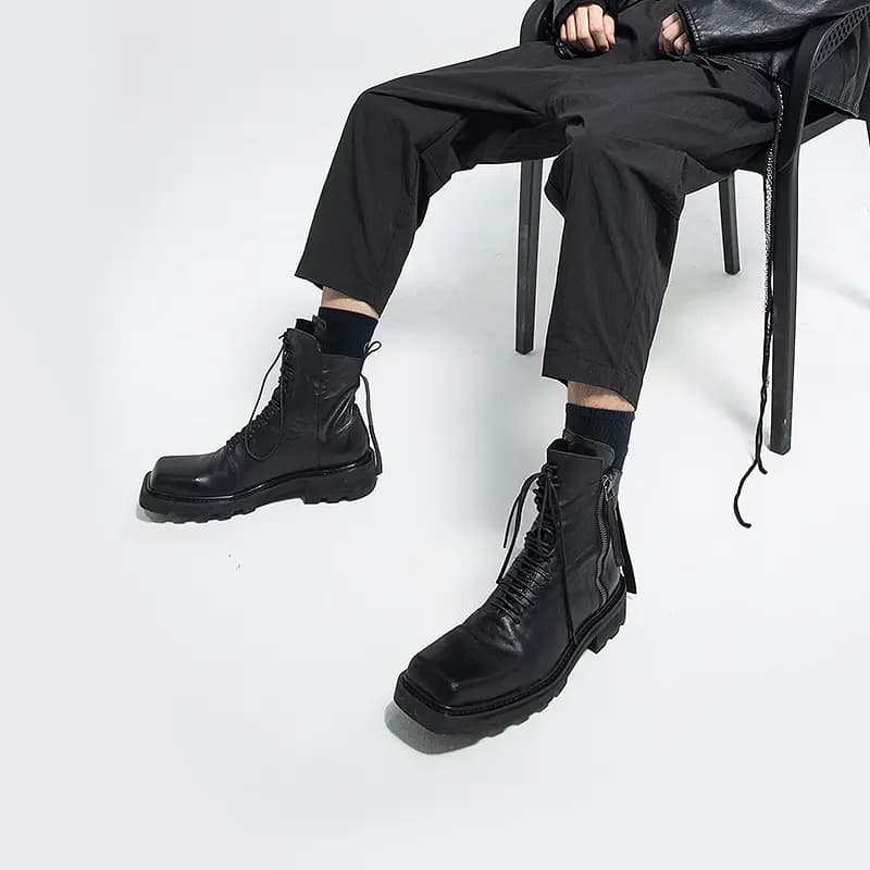 HUANXIANGZHE Cow Leather High-Top Square Toe Genuine Leather Zip Closure Martin Boots Unisex Black 5