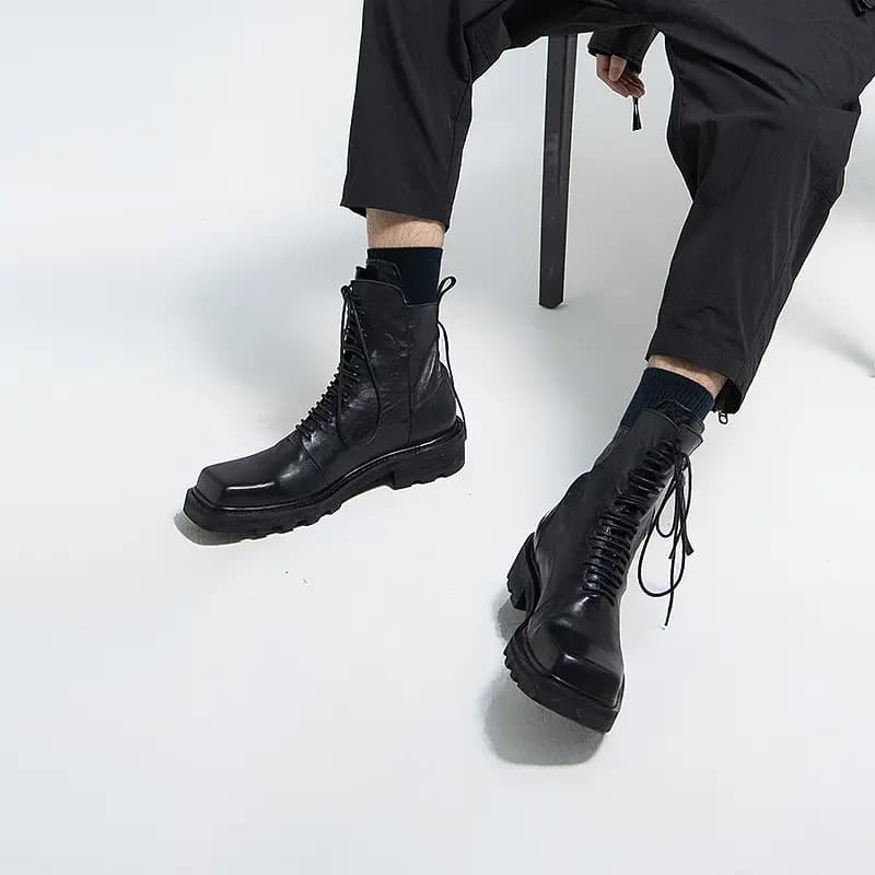 HUANXIANGZHE Cow Leather High-Top Square Toe Genuine Leather Zip Closure Martin Boots Unisex Black 3