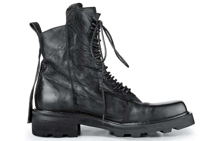 HUANXIANGZHE Cow Leather High-Top Square Toe Genuine Leather Zip Closure Martin Boots Unisex Black 2