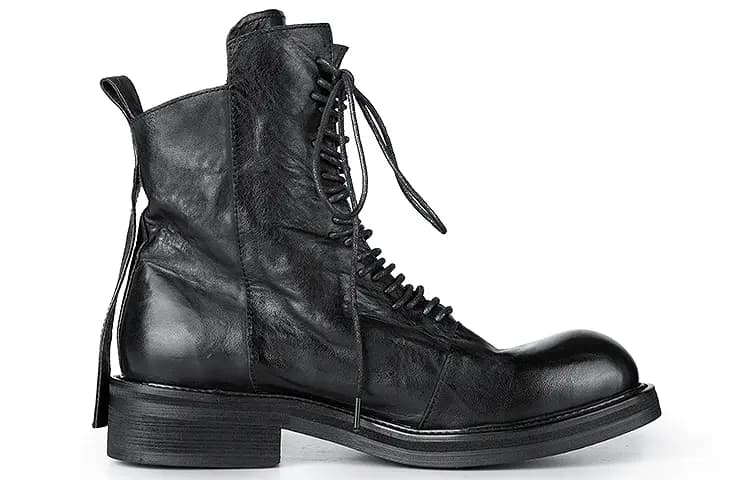 HUANXIANGZHE Original Design, Platform High Top Round Tip Genuine Leather Zip Closure Martin Boots Unisex Black 2