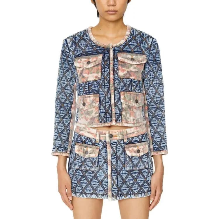 DIESEL FW22 De-Velop-Sp Patchwork Short Cropped Denim Jacket Women's Blue 2