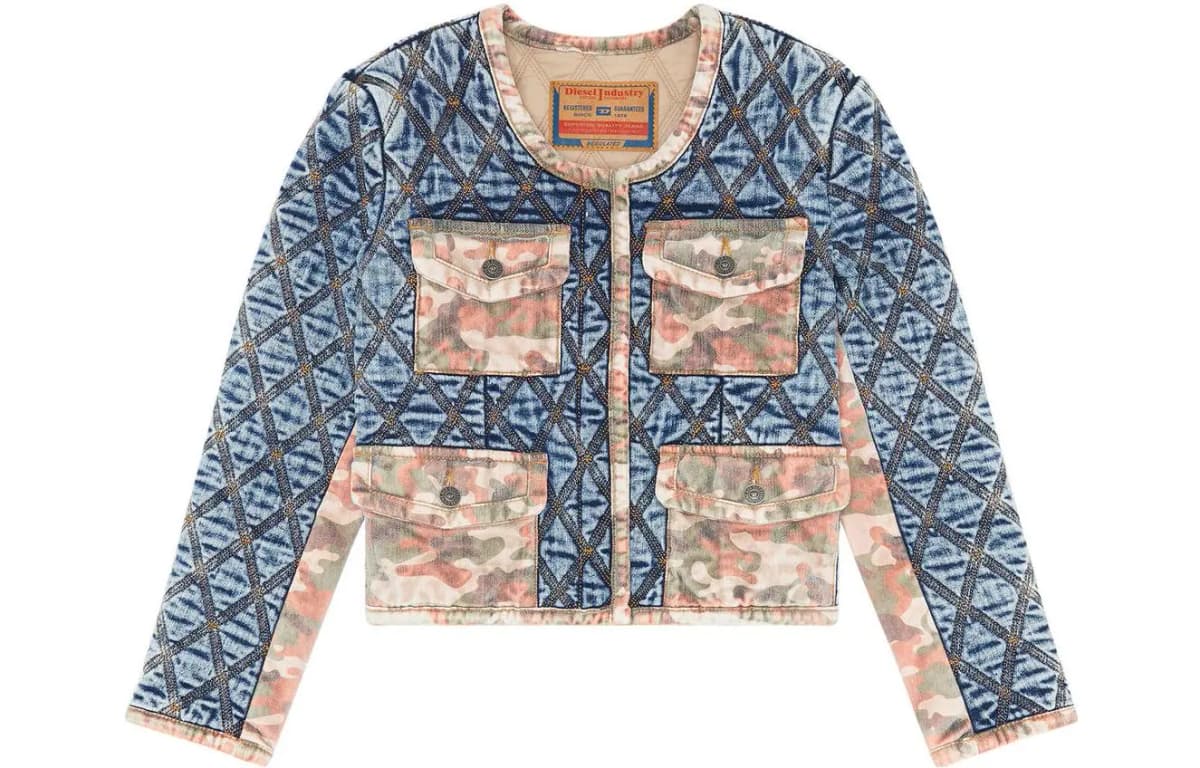 DIESEL FW22 De-Velop-Sp Patchwork Short Cropped Denim Jacket Women's Blue