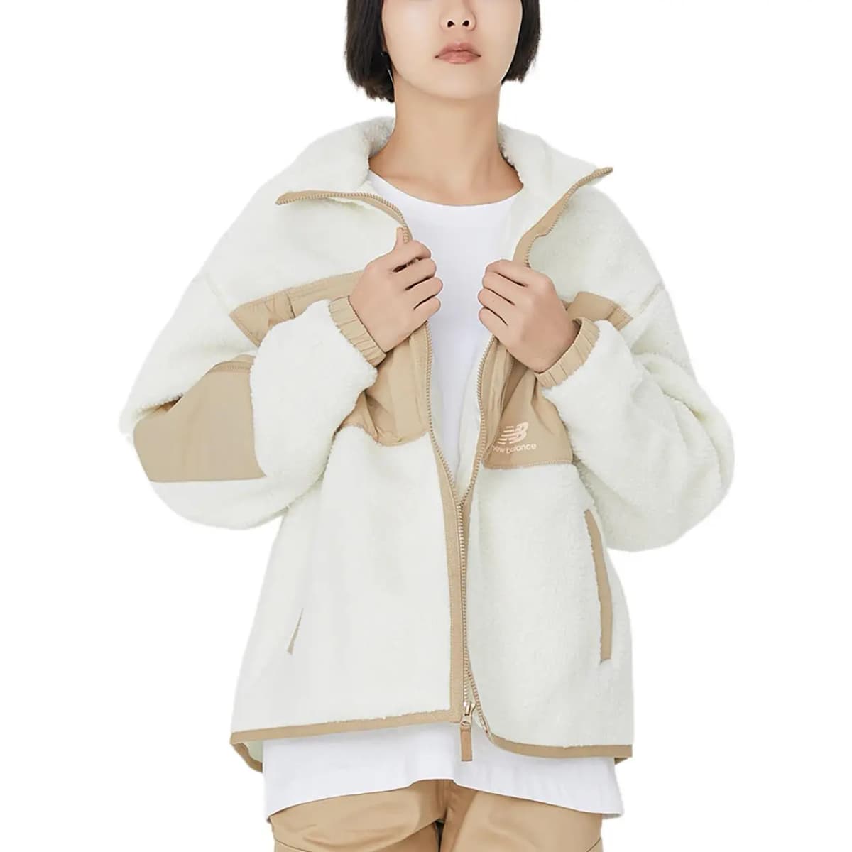 New Balance Color Block Loose Logo Jacket Fall/Winter Fleece Jacket Trendy Versatile Women's White 3