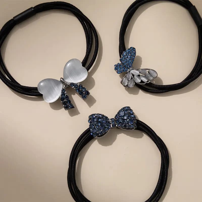QIMEILA Light Luxury Daily Forest Butterfly Commute 3-Piece Set Sweet Bow Hair Tie Women's Navy Blue 8